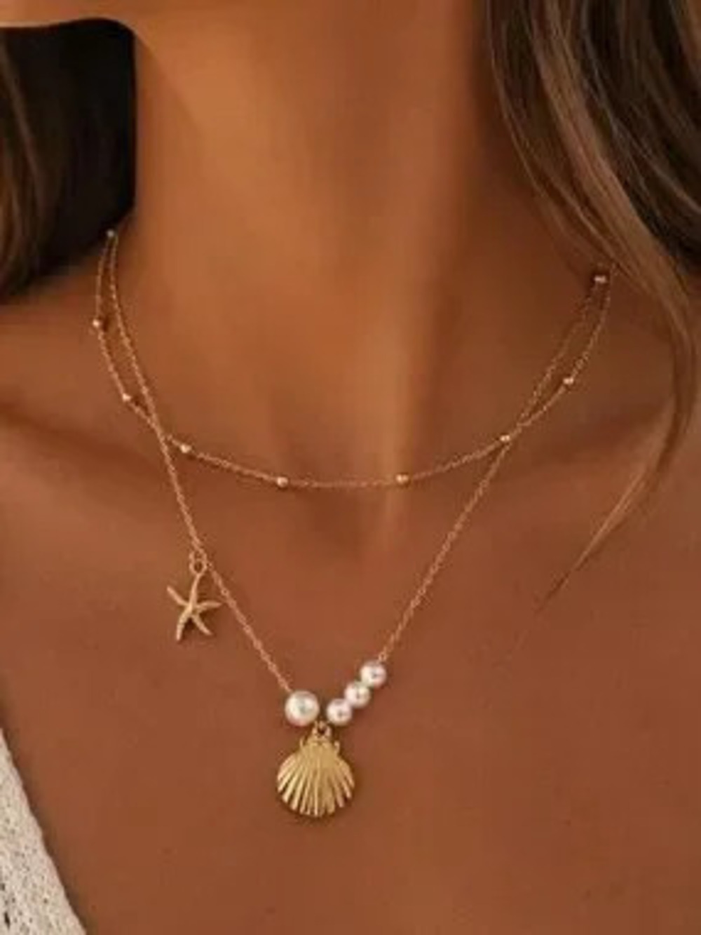 Anthropologie Gold Layered Necklace with Shell, Starfish & Pearls